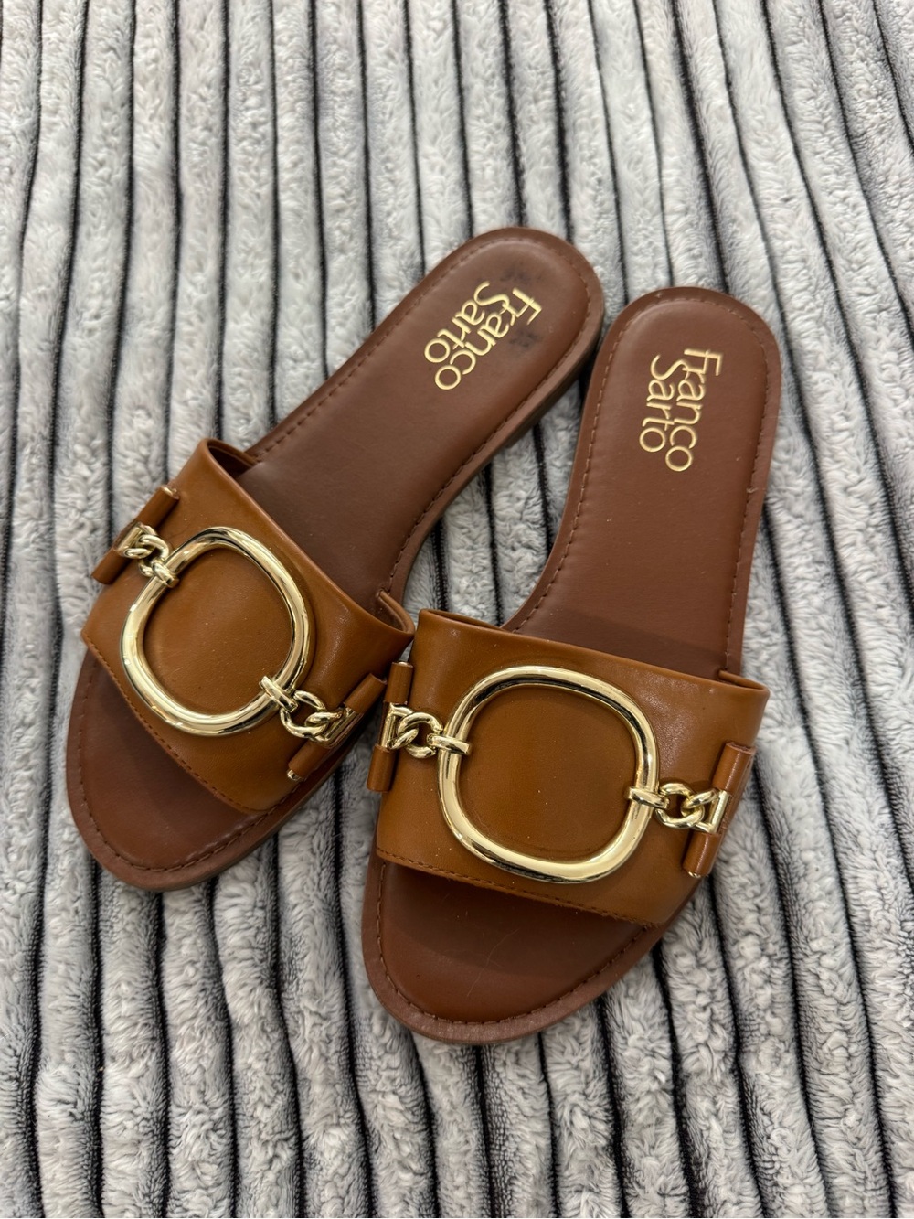 Franco Sarto Women's Brown Slide Sandals with Gold Buckle 6.5